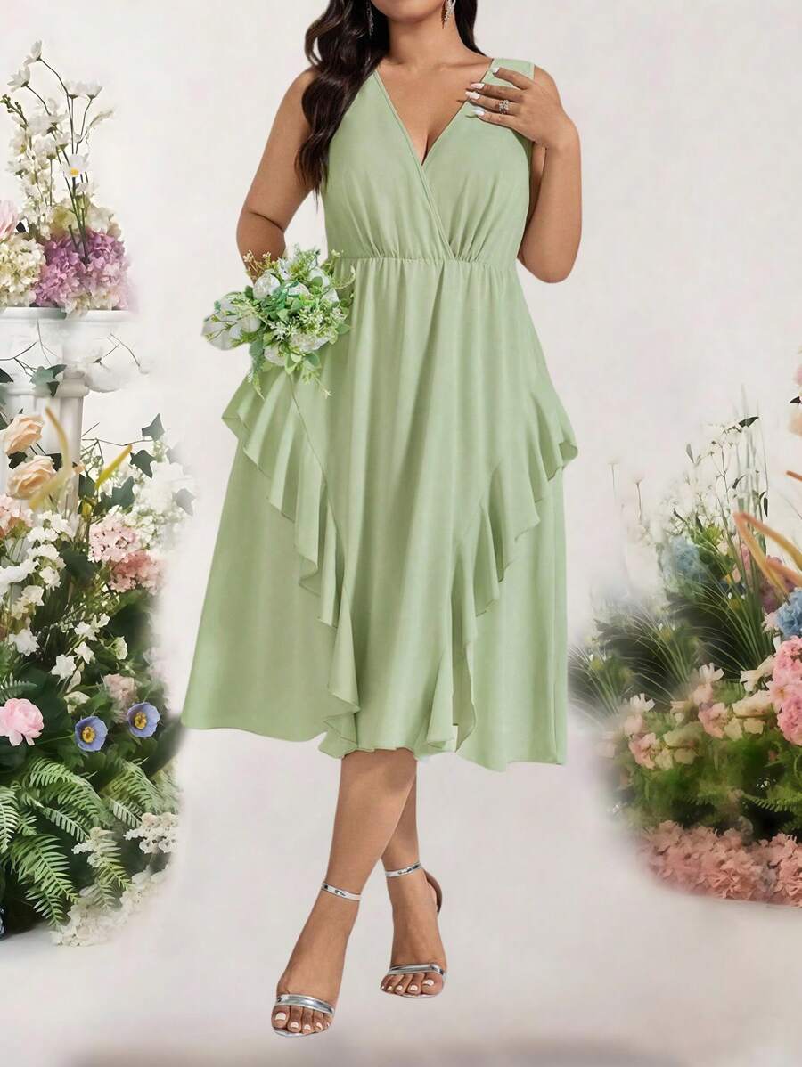 Bellastra Plus Size Women Green Ruffled Hem Split Hem Dress - Green - View 1