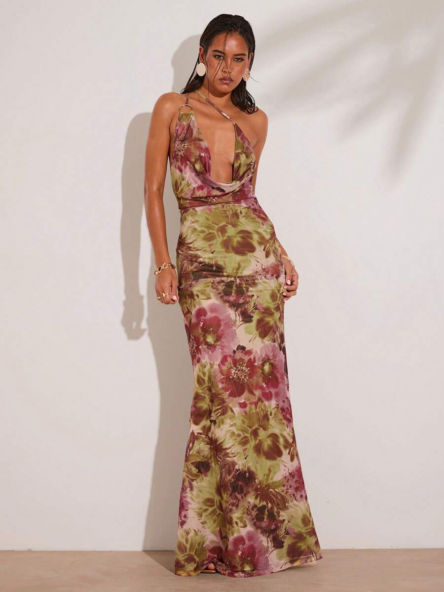 SHEIN BAE Women's Summer Vacation Retro Floral Print One Shoulder Mermaid Hem Dress - Green - View 1