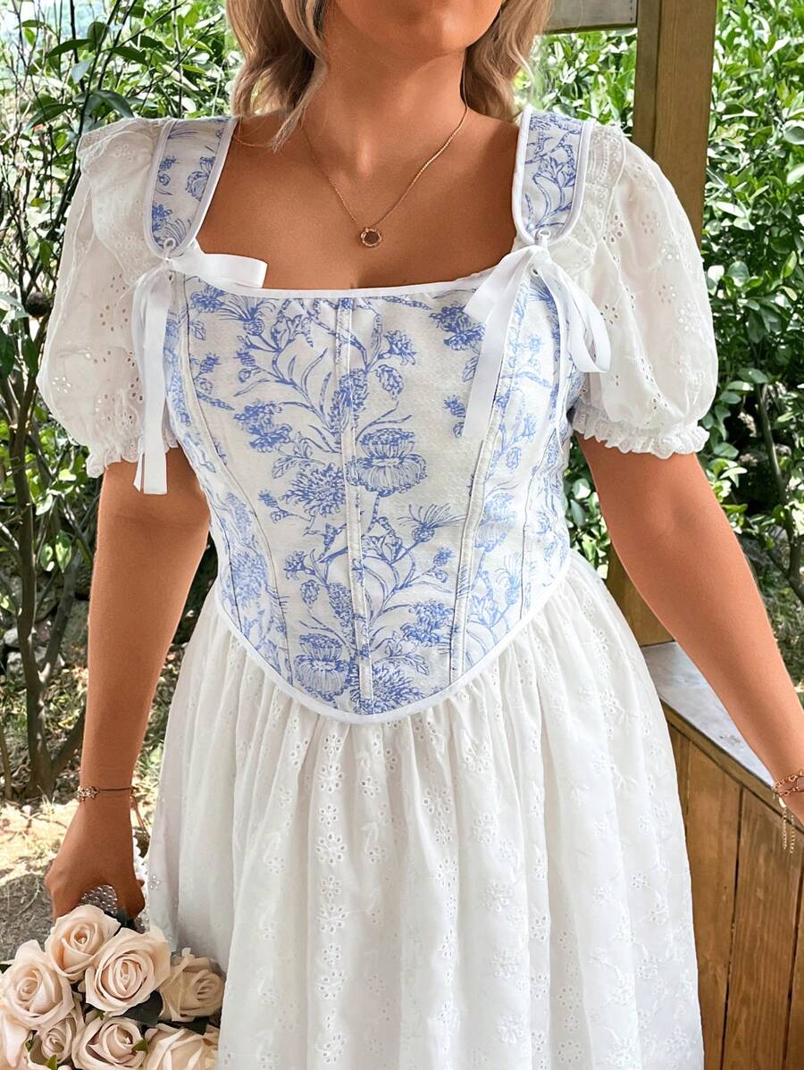 SHEIN VCAY Plus Size Women Vintage Floral Jacquard Drawstring Tie Waist Fitted Camisole Tank Top - Blue - View 1