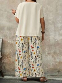 EMERY ROSE 2 件套女士加大码纯色不对称下摆上衣和花卉印花宽松裤撞色套装 - 彩色 - 查看 2