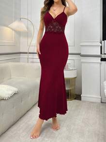 Women's Mermaid Lace See-Through Bodycon Long Nightgown - Burgundy - View 4
