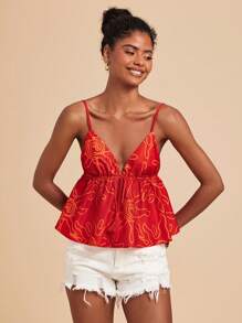 Travachic 女士 V 领无袖印花吊带背心，夏季、沙滩装、春季、复活节、海滩、春假、度假、音乐会女士、波西米亚风、波西米亚、音乐节、热带度假女士、橙红色太阳印花、7 月 4 日、节日