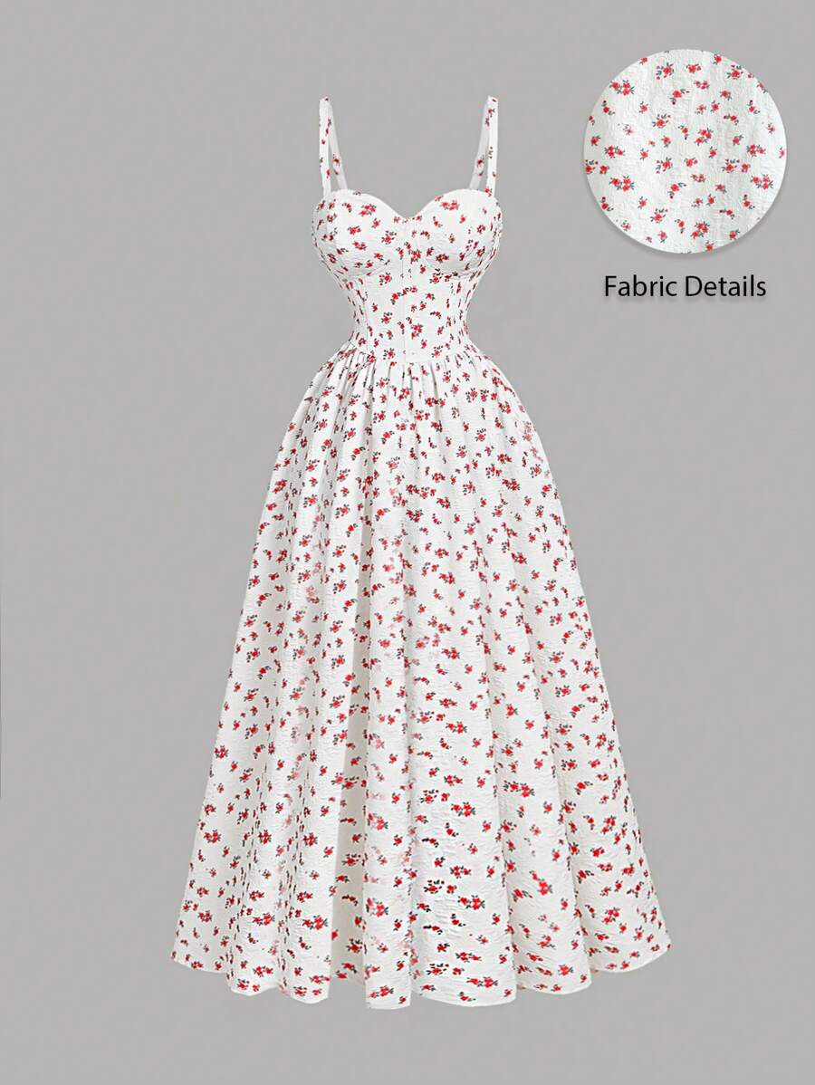 SHEIN X Hannahelzahed SHEIN MOD Đầm hoa nhỏ thanh lịch thắt eo & viền xòe nơ sau lưng Jacquard - trắng - Xem 1