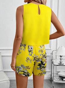SHEIN Clasi 2pcs/Set Women Sleeveless Top + Printed Shorts Co-Ord Set, Pink Women Sets Vacation Two Pieces Set Summer Outfits For Women Spring Outfits For Women Two Pieces Summer Set