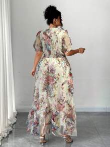 Auvina Women's Spring & Summer V-Neck Jacquard Puff Sleeve Tie-Waist Elegant Dress - Multicolor - View 2