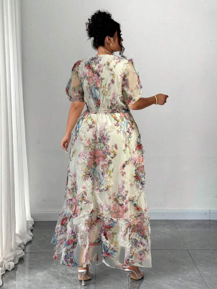 Auvina Vestido elegante con cuello en V, mangas abullonadas, estampado jacquard y cinturón en la cintura para mujeres en primavera y verano - Multicolor - Añade 2