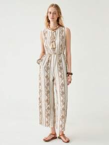 Florisole Jumpsuit Kasual Tanpa Lengan Leher Bulat Pinggang Tinggi Potongan Slim Fit Kaki Lurus - MultiWarna - View 4