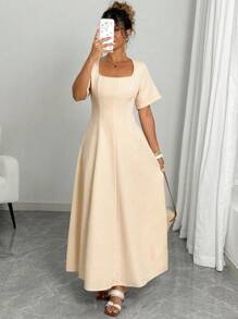 Elenzga Đầm Maxi Tay Dài Dáng Chữ A Cổ Vuông Xẻ Rẽ Phía Trước Mùa Xuân/Hè Màu Trơn Thanh Lịch Cho Nữ Công Sở/Tiệc Tụy - Màu be - Xem 1