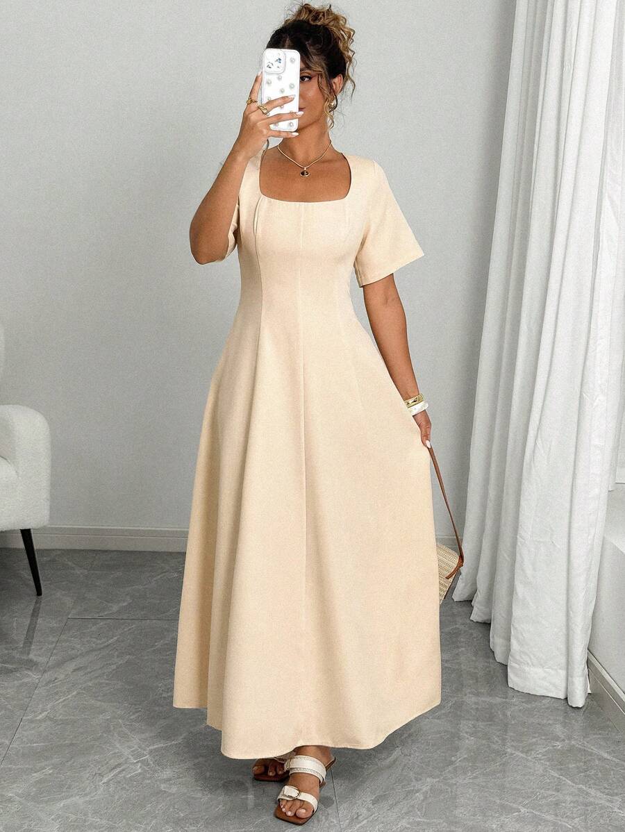 Elenzga Đầm Maxi Tay Dài Dáng Chữ A Cổ Vuông Xẻ Rẽ Phía Trước Mùa Xuân/Hè Màu Trơn Thanh Lịch Cho Nữ Công Sở/Tiệc Tụy - Màu be - Xem 1