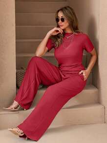 EURMUSE Strukturiertes Einfarbig T-Shirt & gerade geschnittene Hose mit dehnbarer elastischer Taille Koordinationsset