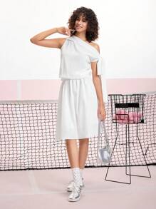 SHEIN MOD White Asymmetric Tie Up Bow Elegant Summer Dress - White - View 3