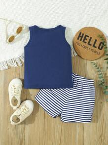 Baby Boy Street Style Striped Letter Print Tank Top And Shorts Set, Spring/Summer - Multicolor - View 2