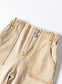 Baby Girl Distressed Medium Wash High Rise Elastic Waist Relaxed Wide Leg Denim Jeans - Khaki - View 3