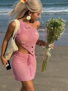 Women's 2pcs Vacation Solid Cutout Asymmetric Hem Sleeveless Cover Up And Maxi Skirt Set For Summer - Hot Pink - View 5
