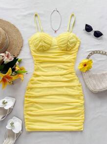 Soleia Foldover Mesh Yellow Cami Mini Dress,70s Boho Style Summer Holiday Party Dress,Suitable For Date,Afternoon Tea,No Chest Padding - Mustard Yellow - View 6
