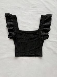 Soleia 女士优雅针织荷叶边拼接度假短款上衣 - 黑色 - 查看 2