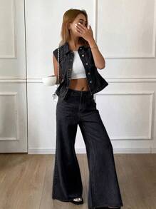 Livesso Bộ đồ denim nữ xuân hè dạo phố thường ngày màu trơn không tay áo khoác + quần ống rộng - Rửa tối - Xem 4