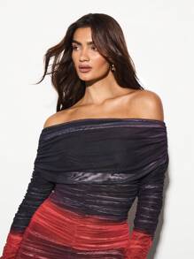 KIZN Ruched Off Shoulder Long Sleeve Mini Dress Mesh Overlay Party Club Night Out Evening Bodycon Fitted Festival Gathering - Multicolor - View 5