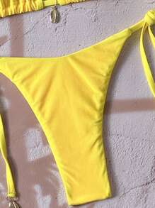 Swim Vcay Solid Triangle Tie Side Bikini Set For Summer Beach Vacation - Yellow - View 5
