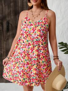 SHEIN VCAY Váy yếm in hoa nhiều màu cỡ lớn - Nhiều màu - Xem 3