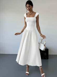 Firerie Đầm Maxi Chữ A Cổ Vuông Không Tay Thắt Nơ Thanh Lịch, Rũ Nếp, Màu Mơ, Thích Hợp Cho Buổi Hẹn Hò Hàng Ngày, Mùa Xuân/Hè - trắng - Xem 6