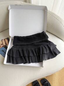 Comfortcana Women's Washed Distressed Knitted Double Ruffled Cake Skirt Suitable For Music Festivals, Daily Wear And Vacation - Black - View 5