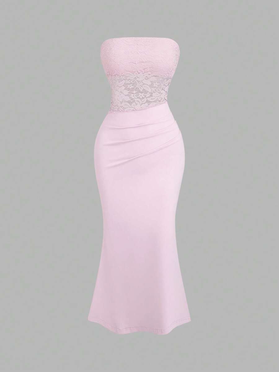 Sweetra Petite 甜美粉色蕾丝吊带美人鱼下摆长裙，女款，春夏 - 粉色 - 查看 1