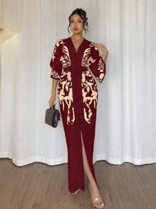 Chiquease 修身撞色印花长裙，春夏 - 酒紅色 - 查看 3