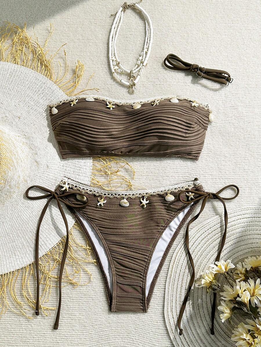 Swim Vcay Summer Women 2pcs Textured Solid Color Shell Strap Decor Halter Tie Bikini Set Set, Handmade Shell Quantity Random - Coffee Brown - View 1