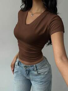 SHEIN BASICS Áo thun nữ tay ngắn cổ chữ V màu trơn đơn giản - màu nâu - Xem 4
