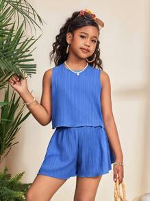 SHEIN Tween Girls Casual Vacation Ribbed Knit Sleeveless Round Neck Open Back Bowknot Decor Crop Top And Shorts Set - Navy Blue - View 4