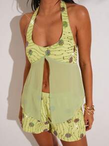 SHEIN BAE 女士串珠花卉吊带背心/露背系带度假夏季上衣，适合春夏休闲聚会、下午茶、婚礼宾客、海岛度假，绿色 - 綠色 - 查看 6