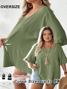 SHEIN CURVE+ Áo sơ mi kaki mùa hè cỡ lớn dành cho nữ, tay ngắn xếp ly, vạt rộng, kiểu dáng thường ngày/đi biển/nghỉ mát/đồ dùng cần thiết cho bãi biển/lễ tốt nghiệp/tiệc trà mùa hè/đồng quê/kỳ nghỉ biển/bãi biển/trang phục đi biển - Màu xanh Bạc hà - Xem 8