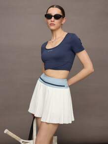 Activina 女式拼色褶皱休闲运动短裙，夏季校园风格 - 霧霾藍 - 查看 2