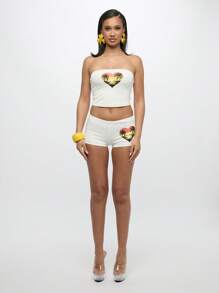 SUMWON WOMEN Tropical Paradise Two Piece Co-Ord Set Heart Print Bandeau Top And Shorts Summer Beach Festival Island Vacation Party Outfit - White - View 3