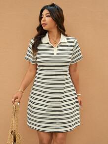 Elaquor 夏季大码条纹印花休闲短袖连衣裙