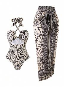 Swim Oasis 2 件套新款女士泳衣针织优雅随机印花交叉吊带高腰连体泳衣和随机印花裙 - 彩色 - 查看 3