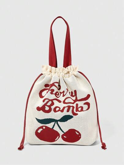 Kawaii Damen Tasche mit Buchstaben- und Kirschen-Muster, großer Kapazität