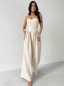 Firerie 女士优雅简约时尚日常度假音乐节亚麻抹胸褶皱阔腿连体裤，夏季 - 杏色 - 查看 4