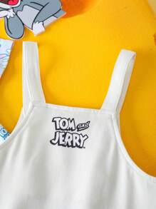 TOM & JERRY X SHEIN Baby Boy Cartoon Pattern Blue Cute & Funny Short Sleeve T-Shirt And Cute Bib Overalls Set