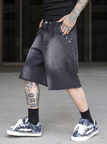 Manfinity EMRG 男士休闲水洗做旧牛仔短裤、朋克短裤、哥特风男士短裤、男士街头风短裤 - 黑色 - 查看 4