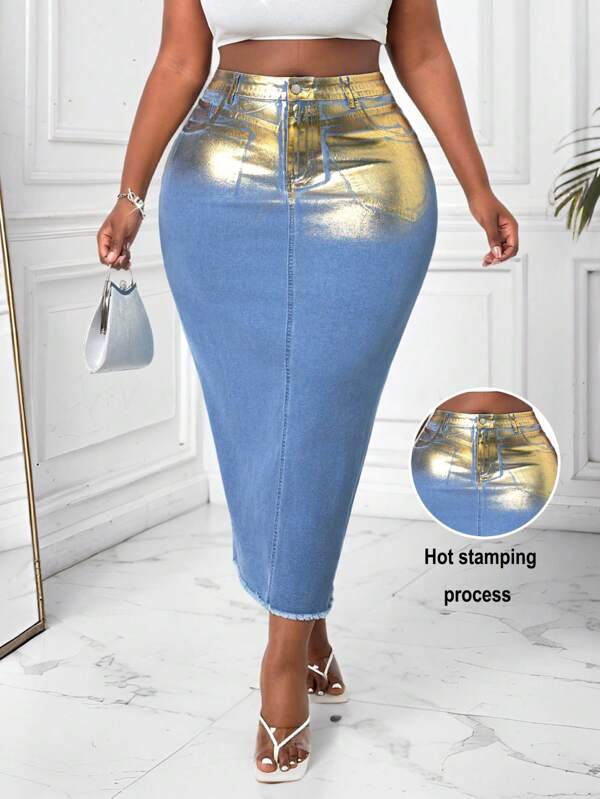 SHEIN Lady Saia jeans longa elástica casual plus size, azul