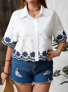 SHEIN VCAY Plus Size Women's Leisure Shirt With Embroidery And Floral Print, Casual Single-Breasted - White - View 4