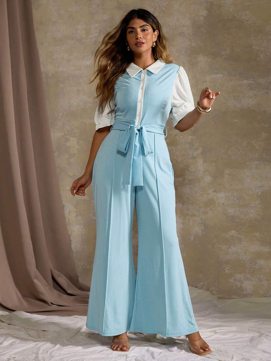 Flirla Plus Size Business Style Contrast Color Button Up Front Short Sleeve Jumpsuit With Belt - Blue - View 1