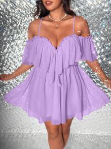 Viva Relle Plus Size Women's Solid Color Off-Shoulder Elegant Ruffled Hem Dress - Mauve Purple - View 2