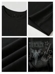 SHEIN EZwear Áo thun in hình ngôi sao, thiên thần, lễ hội âm nhạc rộng rãi, thoải mái, giản dị, guitar cổ điển, vải cotton pha trộn, thích hợp cho mùa hè - màu đen - Xem 3