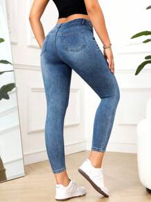 SHEIN PETITE Women's Pocket Skinny Casual Versatile Jeans - Light Wash - View 2