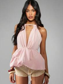 MISSGUIDED Top de style peplum à encolure en ras-du-cou avec ourlet bouffant, détails plissés et froncés. Tenue de soirée, de fête, d'été, de vacances, de plage - Rose bonbon - Voir 5