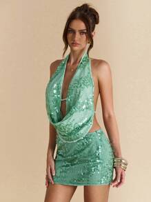 SHEIN BAE 薄荷蓝色亮片闪耀深垂领露背系带性感亮片上衣、度假亮片背心、音乐节背心、早午餐、度假 - 薄荷綠 - 查看 7