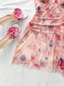 Soleia Váy ngắn lãng mạn cổ chữ V thắt nơ hoa hồng nhuộm loang bất đối xứng cho nữ, kỳ nghỉ - Nhiều màu - Xem 5